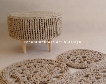 Crochet pouf, crochet footstool, round pouf, knitted pouf, knitted footstool, pouf, footstool, table model 009. 50cm