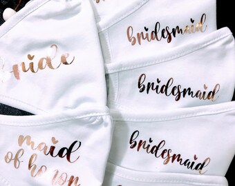 Bridesmaid Face Mask, Maid Of Honor Face Mask decorated with gold rose and pink foil transfer, Flower Girl, Bride, Team Bride Masks