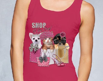 Dusty Rose Crewneck T-shirt, Shop till you drop Rhinestones T-Shirt, White Tee,  Gifts for her, Gifts for Mom, Christmas Gift,