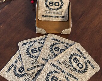 Personalized Burlap Coasters Set, Custom Drink Coasters with Holder