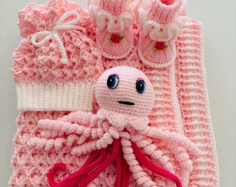 Hand Knit Crochet Newborn Hat , Booties and a Crib Blanket