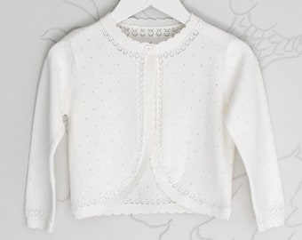 Wedding cotton jacket with long sleeves in light ivory and white colours. Flower girl bolero with one button on front.