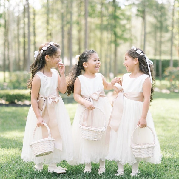 Flower girl dress, Wedding Junior Bridesmaid, Communion Baptism Christening Simple Satin Tulle Children Toddler Dress, ADELINA ivory, white