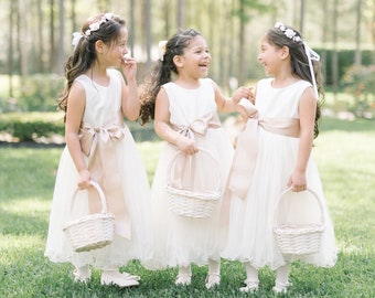 Flower girl dress, Wedding Junior Bridesmaid, Communion Baptism Christening Simple Satin Tulle Children Toddler Dress, ADELINA ivory, white