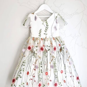 Floral flower girl dress for romantic garden wedding, Colourful Embroidered dress, Boho girl dress, Princess Frock with embroidery FLORA