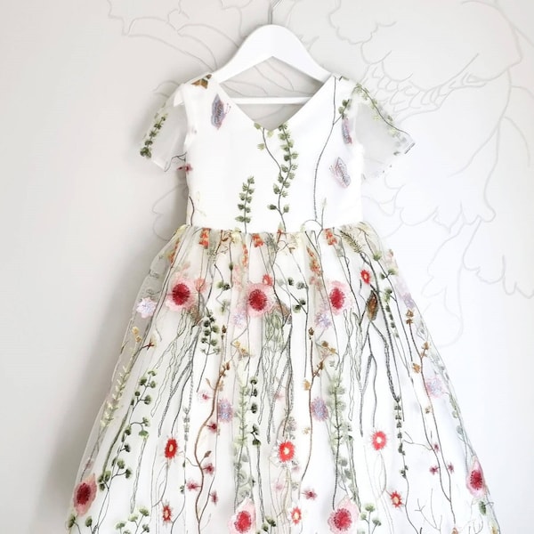 Colourful flower girl dress for romantic garden wedding, Embroidered flowers dress, Boho girl dress, Princess Frock with embroidery FLORA