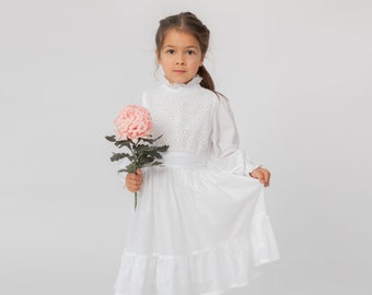 Holy Communion church dress, Swiss cotton Christening Baptism Confirmation outfit, Long sleeves girl dress with embroidered top VALENTINA