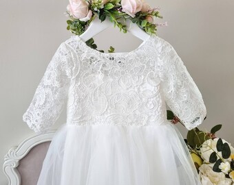 Ivory flower girl dress, Rustic lace and tulle confirmation gown, Long sleeves communion dress, Boho flower girl dress made to order ELIZA