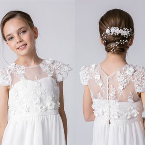 White Flower girl dress, Ivory boho lace wedding junior bridesmaid gown, Holy first communion dress, Rustic tulle confirmation dress JULIA