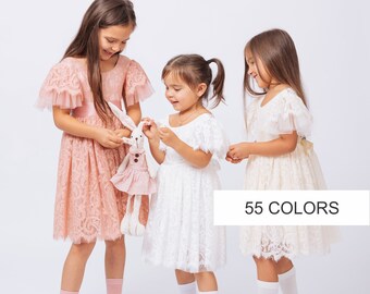 Bohemian Flower girl dress "Camila", Rustic open back ivory lace dress, Wedding junior bridesmaid blush pink boho outfit, 55 colors