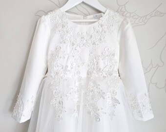 MARY satin and tulle first communion dress with lace and beads, Confirmation Bat mitzvah outfit, Formal church dress with long sleeves