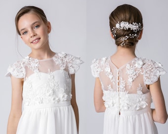 White Flower girl dress, Ivory boho lace wedding junior bridesmaid gown, Holy first communion dress, Rustic tulle confirmation dress JULIA