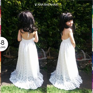Flower girl dress LIGHT IVORY, Halter lace open back dress with train, Maxi floor length, Beach Wedding off white, FLORENCE, 48 sash colors image 2
