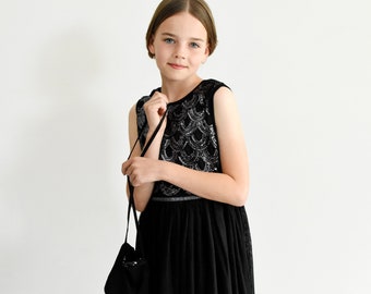 ANNA, black frock embroidered with sequins with cross body bag, Flower girl dress, Festive birthday party outfit, Halloween Christmas gown