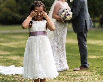 Simple Flower girl dress for Children Toddler Kids Teen, Elegant Wedding Junior Bridesmaid, First Communion outfit, 17 sash colors ADELINA