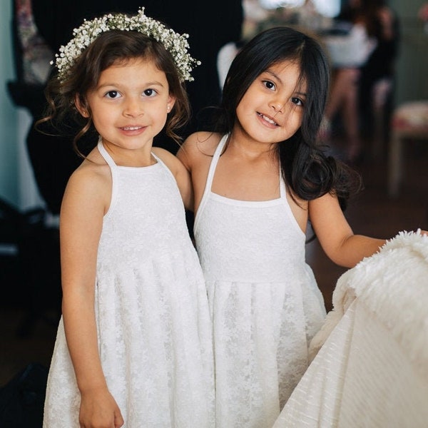 Flower girl dress LIGHT IVORY, Halter lace open back dress with train, Maxi floor length, Beach Wedding off white, FLORENCE, 48 sash colors