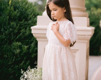 Bohemian Lace Flower girl dress, Boho style wedding dress, Champagne colour open back maxi attire, Floor Length junior Wedding Dress OLIVIA