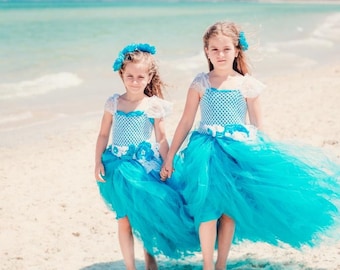 Blue and white Flower girl dress for junior bridesmaid, Frozen Tutu dress for baby girl for beach wedding, First birthday cake smash dress