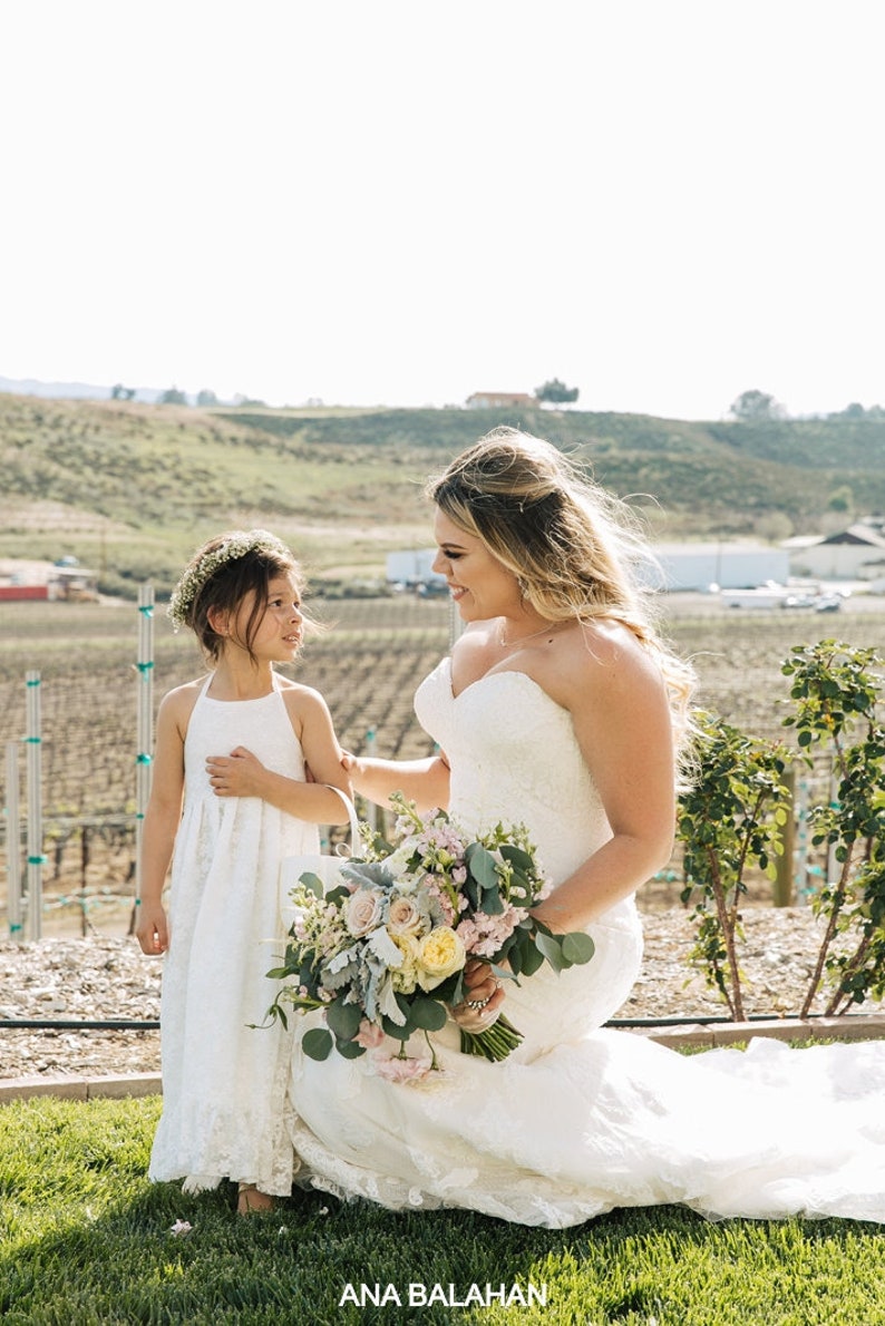 Flower girl dress LIGHT IVORY, Halter lace open back dress with train, Maxi floor length, Beach Wedding off white, FLORENCE, 48 sash colors image 5