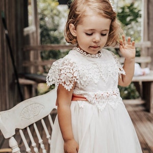 Christening communion gown, Traditional tulle & lace church dress, Baby girl lace baptism dress, Infant boho wedding flower girl dress CHLOE image 3