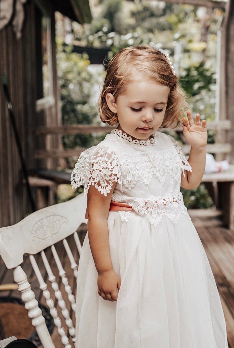 Christening communion gown, Traditional tulle & lace church dress, Baby girl lace baptism dress, Infant boho wedding flower girl dress CHLOE image 3