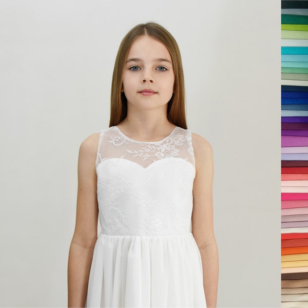 Flower girl dress "Roselle", V-neck lace dress with satin sash, First communion dress, Wedding junior tween bridesmaid outfit, 48 colors