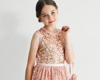 NINEL, blush pink girl wear embroidered with rose gold sequins, Flower girl dress, Wedding Junior gown, Festive party outfit with cute bag