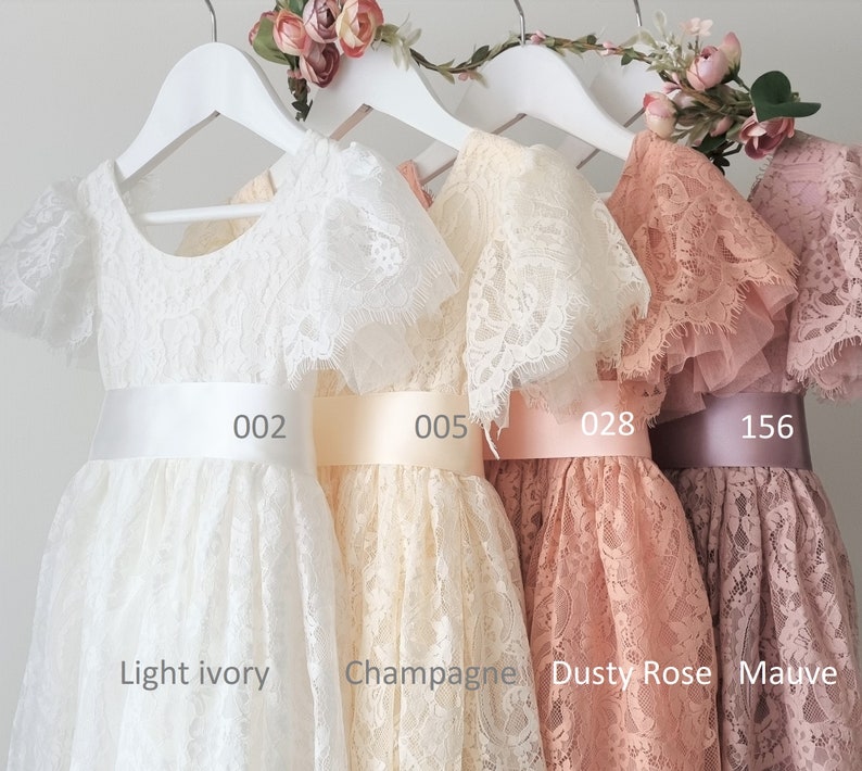 Bohemian Flower girl dress Camila, Rustic open back ivory lace dress, Wedding junior bridesmaid blush pink boho outfit, 55 colors image 8
