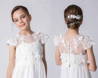 Elegant light ivory flower girl dress, Made to order modern wedding junior bridesmaid gown, First communion outfit with wing sleeves JULIA