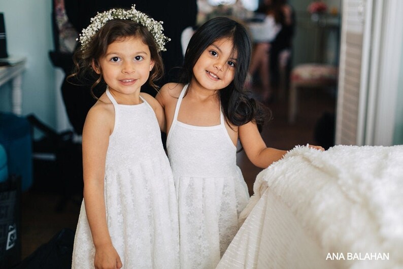 Flower girl dress LIGHT IVORY, Halter lace open back dress with train, Maxi floor length, Beach Wedding off white, FLORENCE, 48 sash colors image 1