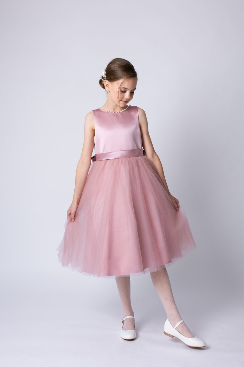 Wedding Junior Bridesmaid A-line satin and tulle flower girl dress, Children Toddler Kids Classic style gown with V-neck CAROLINE image 3