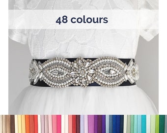 Bride belt style 073, Decorated with rhinestone applique crystal gems, Flowergirl, Bridesmaid, Wedding sash, Satin ribbon 5 cm - 48 colors