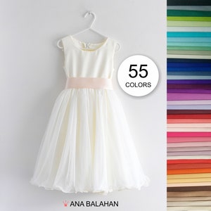 Classic White Flower girl dress for minimalist wedding, Light ivory plain modern Junior Bridesmaid, Simple Satin Tulle Toddler Dress ADELINA