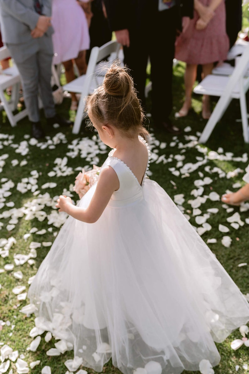 Wedding Junior Bridesmaid A-line satin and tulle flower girl dress, Children Toddler Kids Classic style gown with V-neck CAROLINE image 5