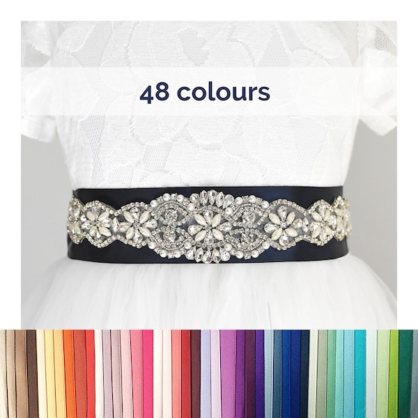 Bride belt style 006, Embellishment with rhinestone applique crystal gems, Flowergirl Bridesmaid Wedding sash, Satin ribbon 5 cm - 48 colors