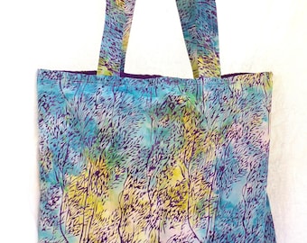 Medium-size Blue, Purple and Yellow Batik Lined Tote Bag