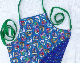 SMALL-Size Blue Sailboat Print Reversible Child's Apron / Delantal