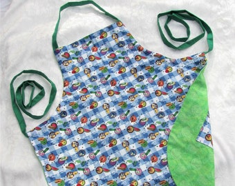 LARGE Blue & Green BBQ Print Reversible Chef's Apron / Delantal