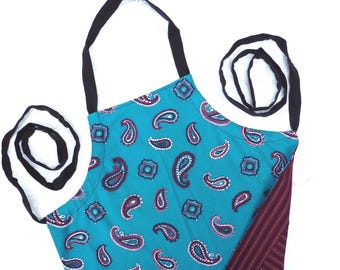 SMALL Teal, Red and Black Paisley Print Reversible Child's Apron / Delantal