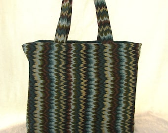 Medium-size Green, Teal and Gold Bargello Print Lined Tote Bag