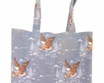 Medium-size Blue Gray Eagle and Mountain Print Lined Tote Bag