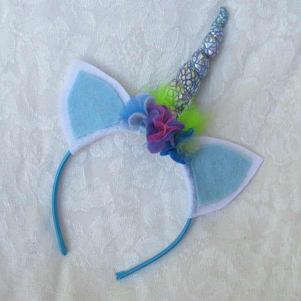 White and light Blue Unicorn Headband with Iridescent Blue Horn