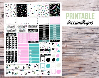 Printable Planner Stickers 80s Doodles Glam Planning Weekly Set Sticker Kit Vertical Happy Planner Instant DownloadFor Erin Condren