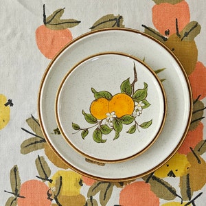Könnte beinhalten: Ein Set aus zwei weißen Keramiktellern mit braunem Rand. Der kleinere Teller zeigt ein handgemaltes Design mit Orangenfrüchten, grünen Blättern und weißen Blüten. Der größere Teller hat eine gesprenkelte braune Glasur.