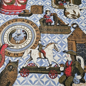 Country Antiques Auction.  Vintage SEWELL JACKSON Linen Kitchen Tea Towel Topper, Americana White and Blue Quilting & Wooden Treasures.