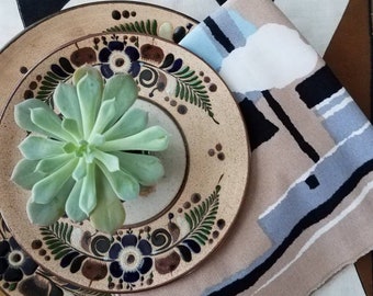 May include: A set of two ceramic plates with a floral design in shades of brown, green, and blue. The plates are decorated with a border of green leaves and brown dots. A small green succulent plant is sitting on top of the plates. The plates are on a brown and white patterned fabric.