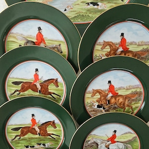 EQUESTRIAN HEAVEN. Undup Sets 4 or Each Vintage Fitz & Floyd TALLYHO Japan Fine Porcelain Salad Appetizer Dishes, Serving Platter. FreeShip.