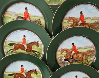 EQUESTRIAN HEAVEN. Undup Sets 4 or Each Vintage Fitz & Floyd TALLYHO Japan Fine Porcelain Salad Appetizer Dishes, Serving Platter. FreeShip.