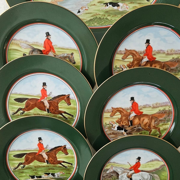 EQUESTRIAN HEAVEN. 22 Vintage Fitz & Floyd TALLYHO Japan Fine Porcelain Luncheon, Salad, Appetizer, Serving Dishes. Sold Sets of 4 and 1.
