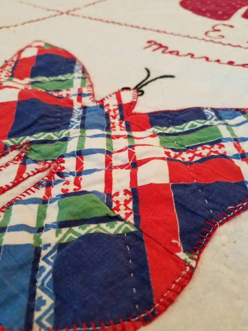 MOTHERLY LOVE Signed Hand Appliqued Butterfly Quilt with Feedsacks VINTAGE 1940